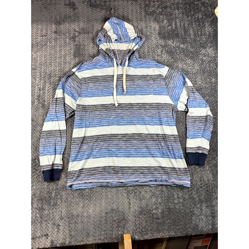 Quiet Storm Surf Shop Hoodie Mens 2XL Blue Striped Cotton Long Sleeve Drawstring